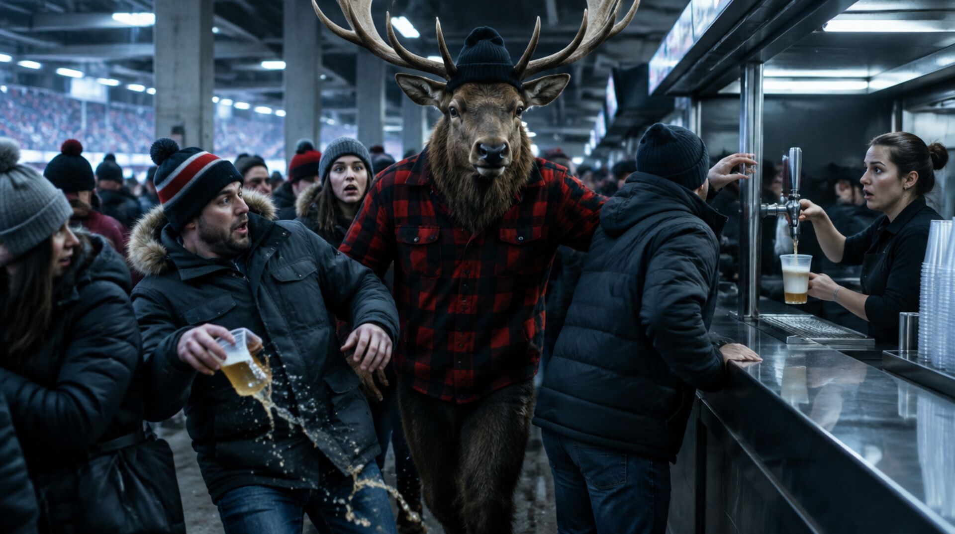 An elk in a flannel jacket shoving to the front of a stadium beer line while fans stumble aside
