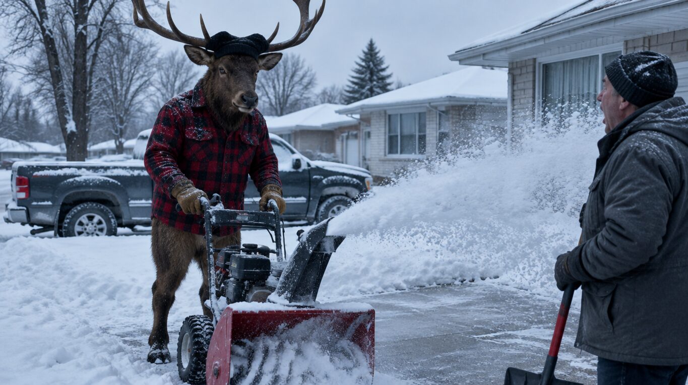 An elk in a flannel jacket snowblowing his driveway onto his neighbour's while the neighbour stares